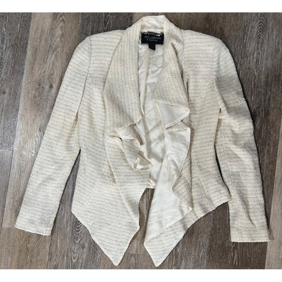 St John Couture Women Sz 2 Ivory Tweed Metallic Silver Gold Ruffle Blazer Jacket - Picture 5 of 10